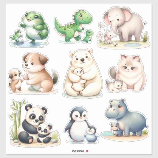 Animaux adorables Kawaii : Stickers bébé et mère (Feuille)