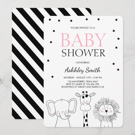 Animaux Baby shower invitation Zoo Safari Jungle G (Devant / Derrière)