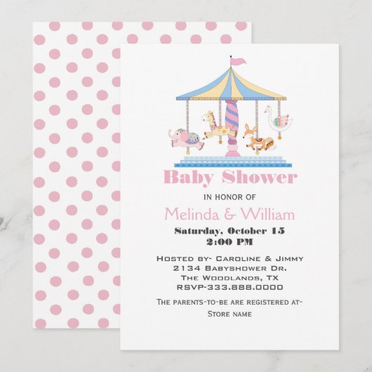 Animaux Carousel Baby Girl Douche Invitation (Devant / Derrière)