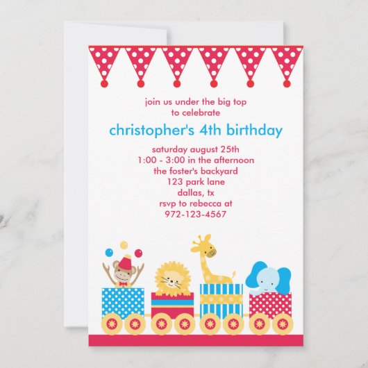 Animaux Circus Train Invitations Anniversaires (Devant)
