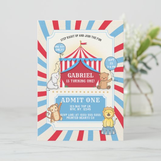 Animaux Cirque Invitation Anniversaire | Bleu blan (Debout devant)