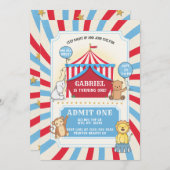 Animaux Cirque Invitation Anniversaire | Bleu blan (Devant / Derrière)