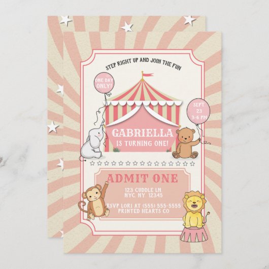 Animaux Cirque Invitation Anniversaire | Rose Vint (Devant / Derrière)