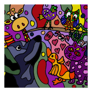 Animaux colorés amusants Poster d'art Abstrait
