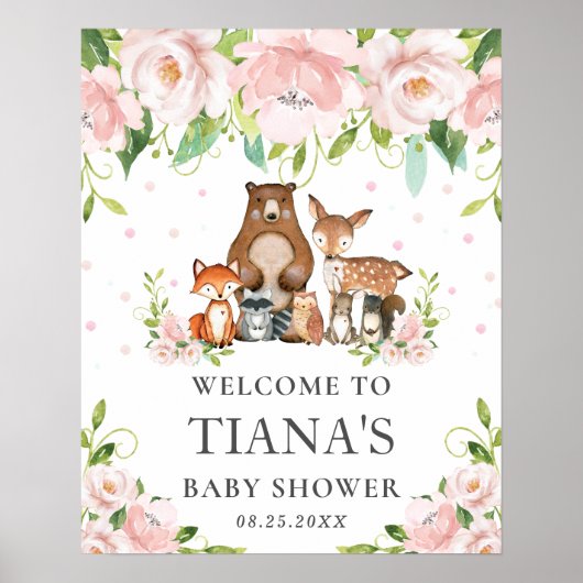 Animaux de bois Baby shower floral Affiche de bien (Devant)