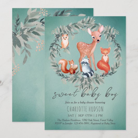 Animaux de bois Baby shower Invitation garçon (Devant / Derrière)