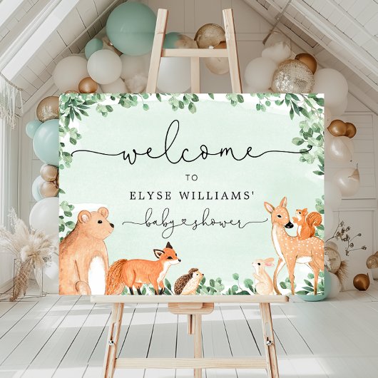 Animaux de bois Baby shower vert Affiche de bienve