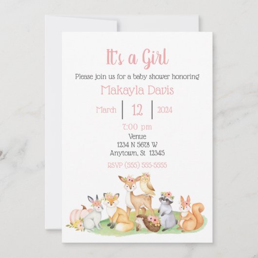 Animaux de bois bébé fille douche Invitation (Devant)