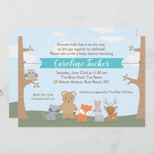 Animaux de bois bébé garçon douche Invitation (Devant / Derrière)