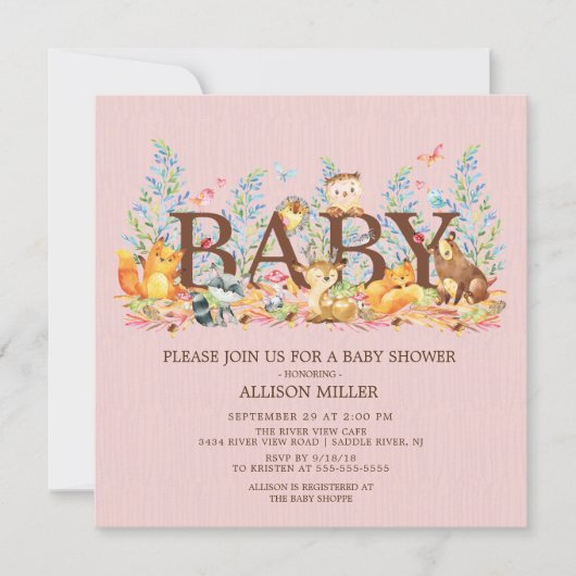 Animaux de bois Filles Baby shower Invitation (Devant)