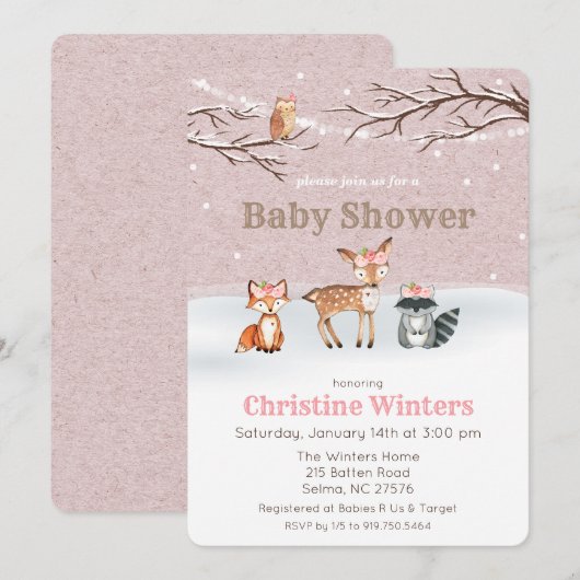 Animaux de bois Invitation Baby shower fille (Devant / Derrière)
