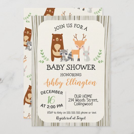 Animaux de bois mignons Invitation Baby shower (Devant / Derrière)