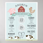 Animaux de ferme1er Anniversaire Jalon Poster bleu<br><div class="desc">Cette affiche marquant le premier anniversaire d'un garçon moderne et mignon présente un cochon,  un poulet et une vache avec une grange rouge sur un arrière - plan bleu bébé. Personnalisez-vous pour répondre à vos besoins. Vous pouvez trouver des produits correspondants dans mon magasin.</div>