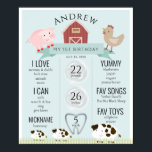 Animaux de ferme1er Anniversaire Jalon Poster bleu<br><div class="desc">Cette affiche marquant le premier anniversaire d'un garçon moderne et mignon présente un cochon,  un poulet et une vache avec une grange rouge sur un arrière - plan bleu bébé. Personnalisez-vous pour répondre à vos besoins. Vous pouvez trouver des produits correspondants dans mon magasin.</div>