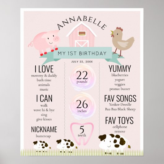 Animaux de ferme1er Anniversaire Jalon Poster rose (Devant)