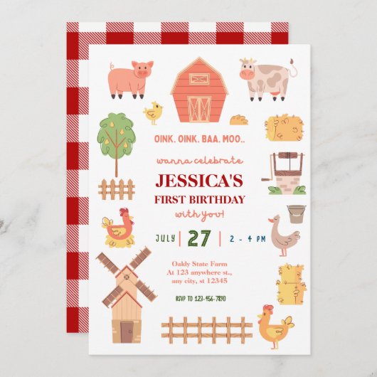 Animaux de ferme 1ère invitation d'anniversaire (Devant / Derrière)