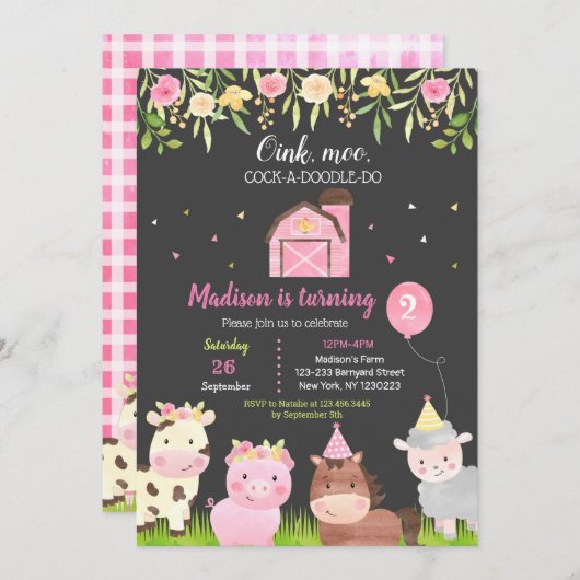 Animaux de ferme 2e anniversaire fêtes Invitations (Devant / Derrière)