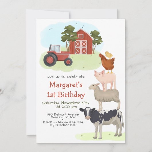Animaux de ferme Barnyard Invitation d'anniversair (Devant)