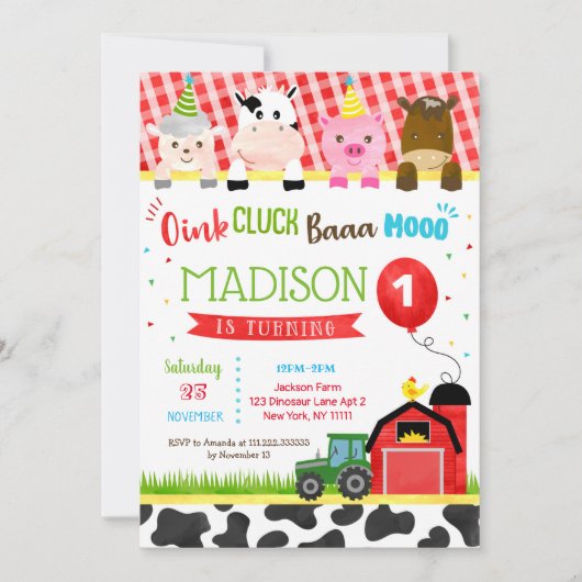 Animaux de ferme Barnyard Invitations de fête d'an (Devant)
