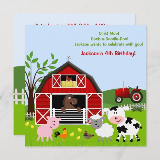 Animaux de ferme Barnyard Invitations de fête d'an (Devant / Derrière)