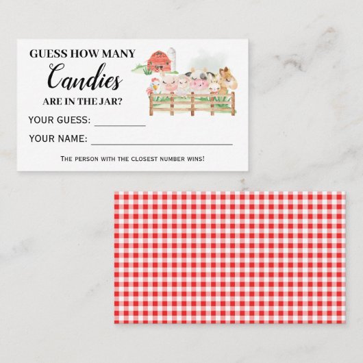Animaux de ferme Combien de bonbons carte Baby sho (Devant / Derrière)