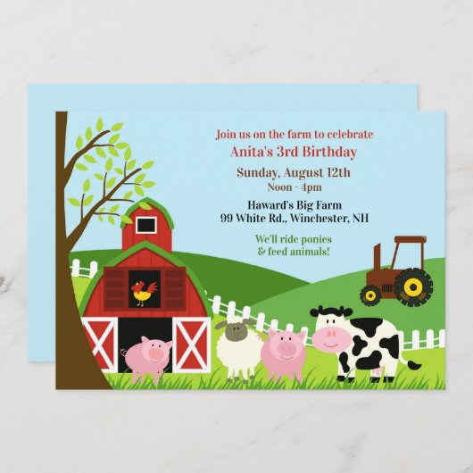 Animaux de ferme d'anniversaire Invitation plate (Devant / Derrière)