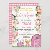 Animaux de ferme Fille rose Invitation d'anniversa (Devant / Derrière)