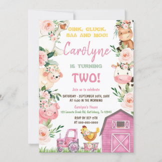 Animaux de ferme Fille rose Invitation d'anniversa