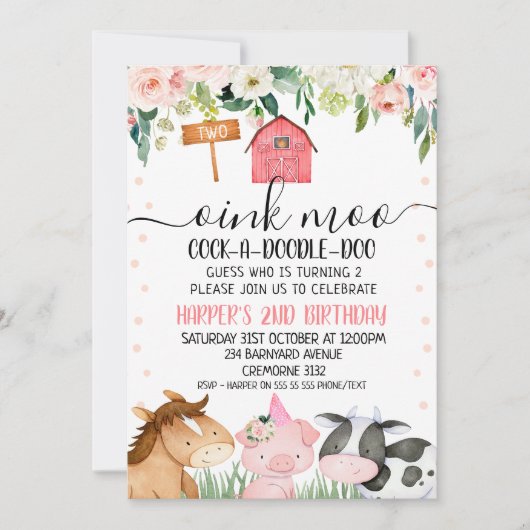 Animaux de ferme Floral 2e anniversaire Invitation (Devant)