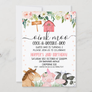 Animaux de ferme Floral 2e anniversaire Invitation