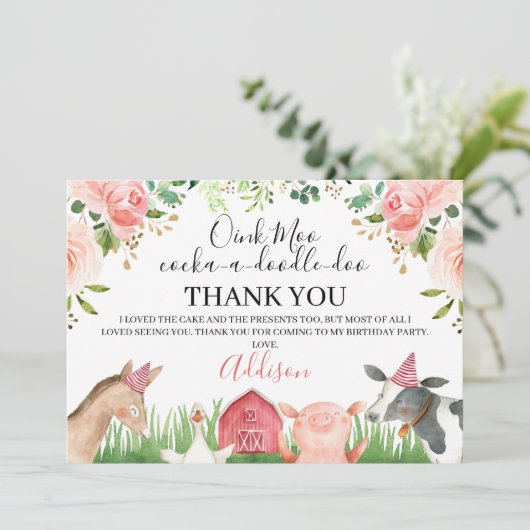 Animaux de ferme floraux roses Carte de remercieme (Debout devant)