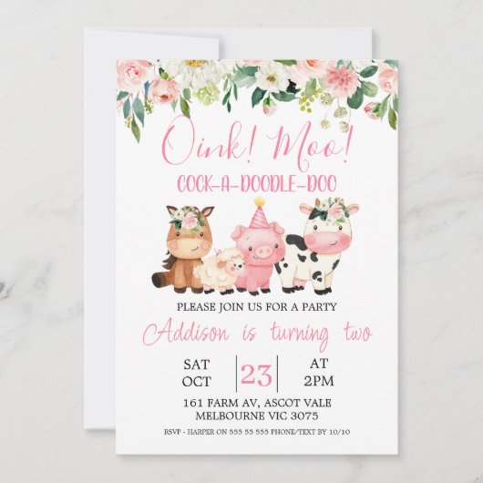 Animaux de ferme floraux roses Invitation d'annive (Devant)
