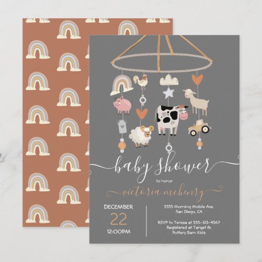 Animaux de ferme Invitation Baby shower mobile (Devant / Derrière)