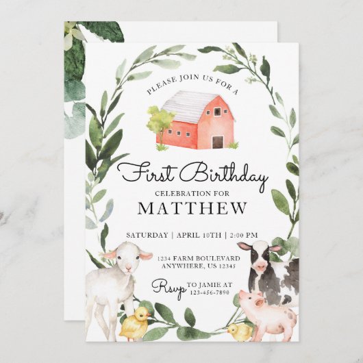 Animaux de ferme Invitation d'anniversaire pour un (Devant / Derrière)