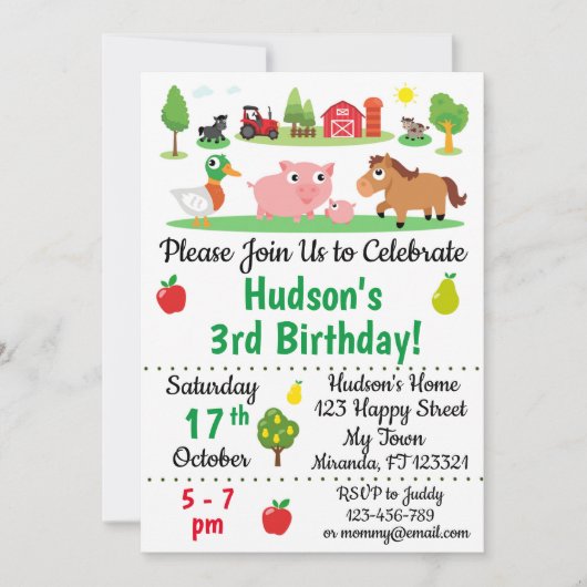 Animaux de ferme Invitations d'anniversaire (Devant)