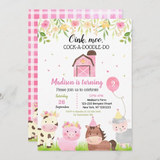 Animaux de ferme Invitations fête d'anniversaire F (Devant / Derrière)