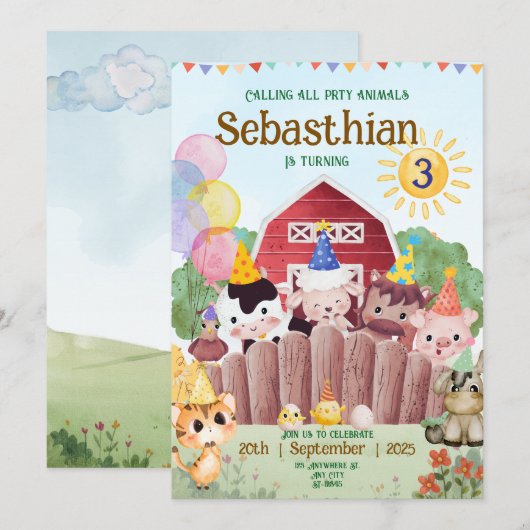 Animaux de ferme personnalisés Invitation de fête (Devant / Derrière)