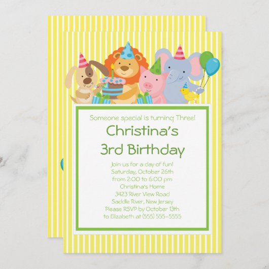 Animaux de fête d'anniversaire Invitations (Devant / Derrière)