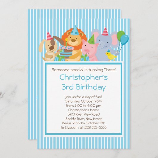 Animaux de fête d'anniversaire Invitations (Devant / Derrière)