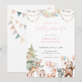 Animaux de fête de bois rose Invitation d'annivers (Devant / Derrière)