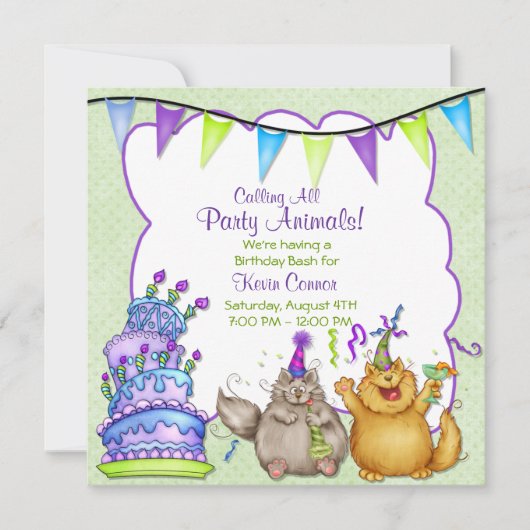 Animaux de fête Green Invitation d'anniversaire (Devant)