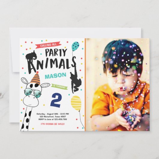 Animaux de fête Invitation Anniversaire Zoo sauvag (Devant)