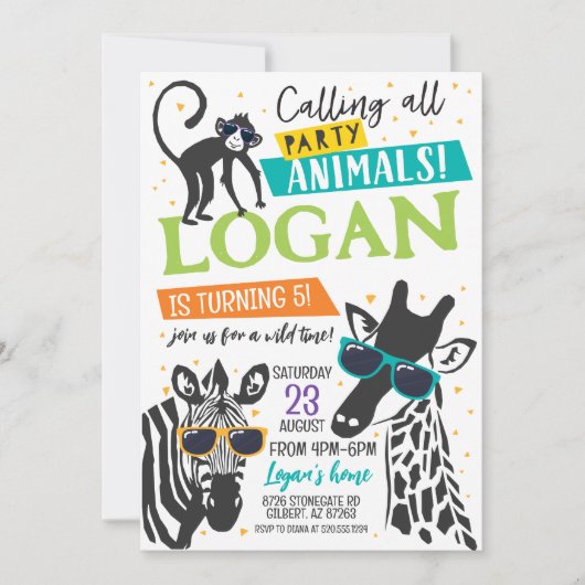 Animaux de fête Invitation d'anniversaire moderne (Devant)