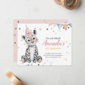Animaux de fête léopard rose Invitation d'annivers (Devant/Arrière en situation)