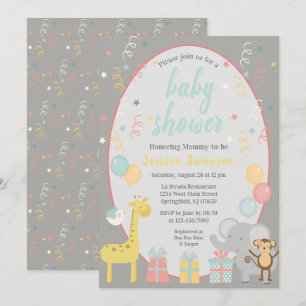 Animaux de fête mignons Invitation Baby shower - B