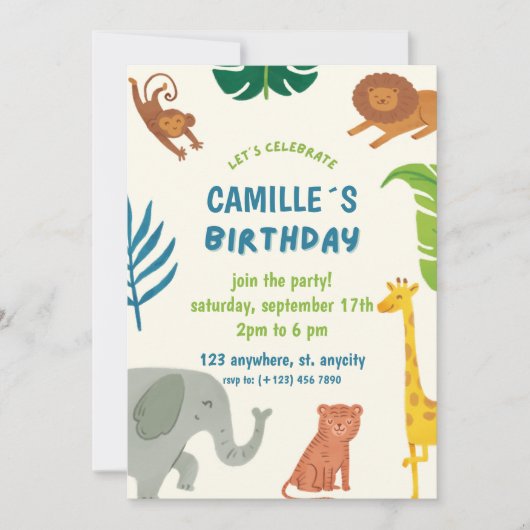 Animaux de la Jungle Amusants Invitation de fête d (Devant)