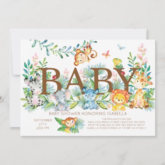Animaux de la Jungle Neutre Invitation Baby shower (Devant)