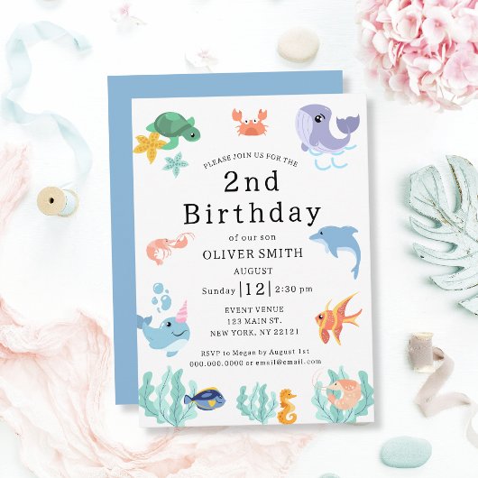 Animaux de mer Enfants 2e anniversaire Invitation