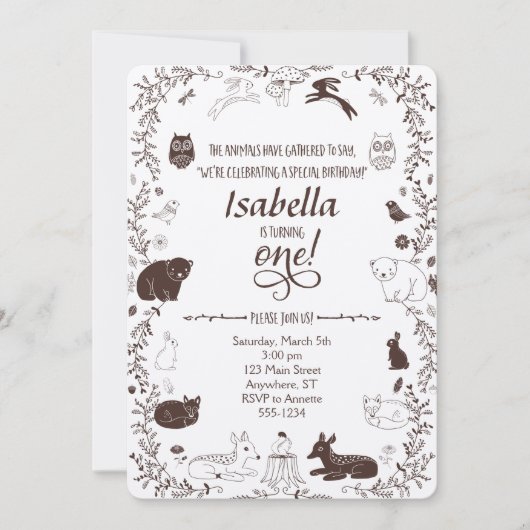 Animaux des bois 1er Invitation d'anniversaire (Devant)