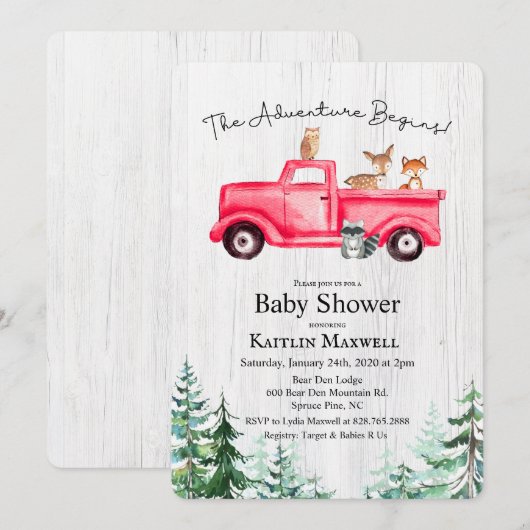 Animaux des bois Baby shower de camion Invitation (Devant / Derrière)